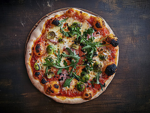 Delicious pizza with tomato sauce, mozzarella, arugula and brussels sprouts
