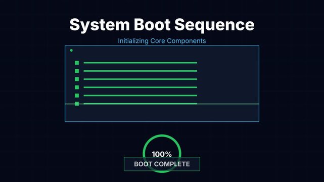 Digital Interface Showing Advanced Computing Processes and Successful System Startup Progress