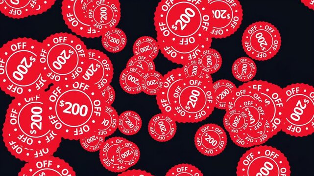Red discount coupons 200 off floating, dark background with circles. Suitable for promotions, sales, marketing campaigns, advertising, retail graphics.