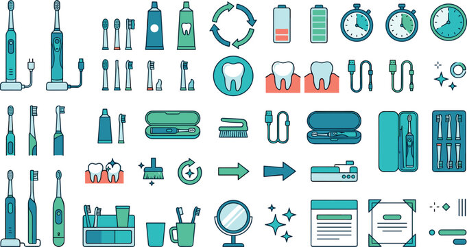 Electric toothbrush and oral hygiene vector icon set with charging bases replacement heads toothpaste case and timer symbols