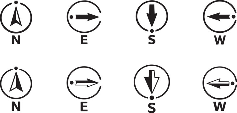 Compass icon set with north, east, south and west symbols for navigation, direction and map guidance.