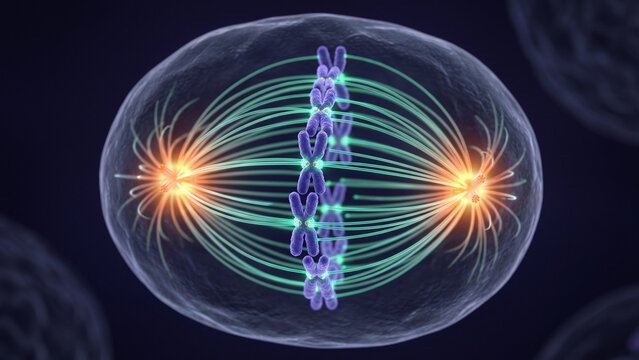3D scientific illustration of the metaphase stage of mitosis cell division, showing chromosomes aligned along the equatorial metaphase plate