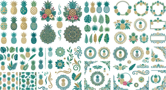 Luxury boho pineapple vector clipart element bundle featuring tropical gold mandala ornaments floral wreaths borders and seamless patterns