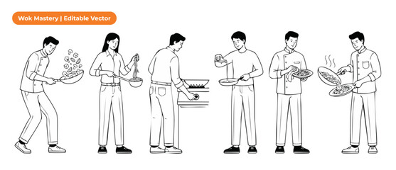 Obraz premium Chef cooking wok vector illustration set of people tossing stir fry, pouring oil, adjusting stove flame, serving food in kitchen outline line art style for culinary school recipe book banner design