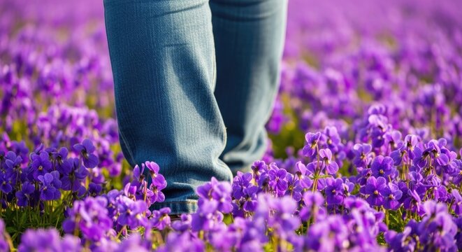 Person walking through vibrant purple flower field, soft sunlight highlighting blossoms, capturing spring beauty, tranquility, and immersive connection with colorful natural landscape