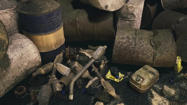 Rusted barrels and scattered debris create eerie toxic industrial wasteland, corroded drums leaking oil stains, broken timber and metal scrap, yellow caution