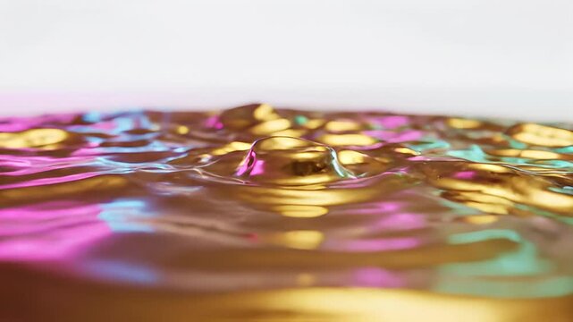 Metallic liquid surface with iridescent sheen and central bulge