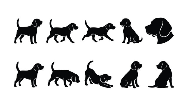 Black silhouette dogs in various sitting walking and running poses