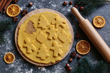 Obraz premium The Cookie Dough on Wooden Board With Holiday Cutout Shapes