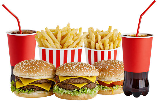 Delicious fast food combo meal featuring burgers, french fries, soda, and a beverage, isolated on a transparent background for versatile use