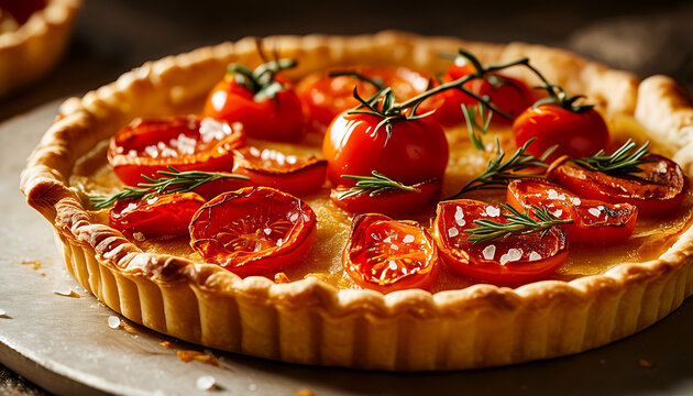 Savory tomato tart with cherry tomatoes and herbs on rustic backdrop  