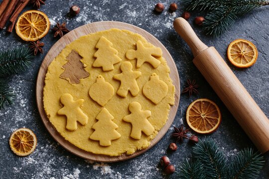 The Cookie Dough on Wooden Board With Holiday Cutout Shapes
