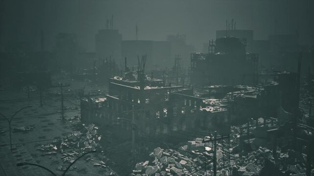 Eerie postapocalyptic cityscape at dusk, shattered skyscrapers and dead trees, greenish fog drifting through broken windows, overgrown vines crawling