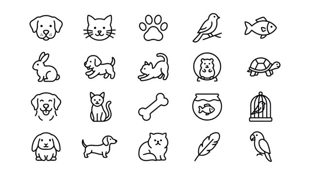 Collection of cute minimal line art animal icons with transparent background