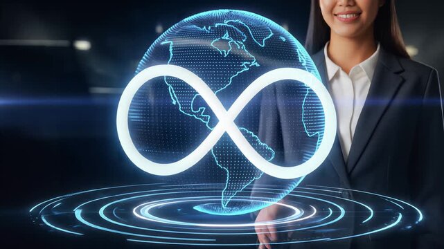 Businesswoman interacting with glowing digital globe, hand pointing at shimmering holographic infinite loop animation, dark corporate background interface, symbolizing future technology