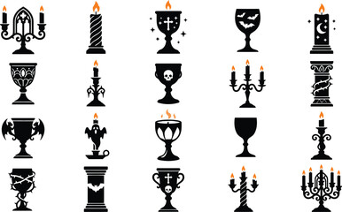 Naklejka premium Set of black and white vector icons featuring various styles of decorative candles and ornate ceremonial chalices