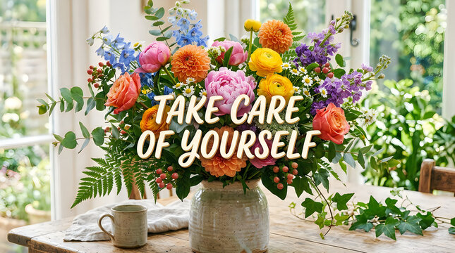 Abundant spring flower bouquet on rustic table with text about personal well being.