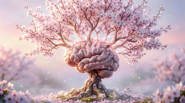 Brain tree blossoms with delicate pink flowers and glowing connections in a serene setting.