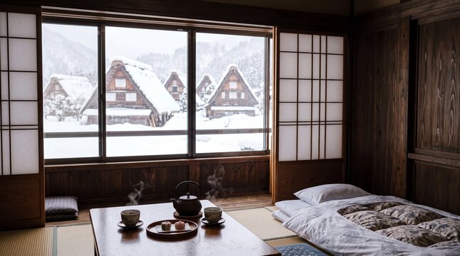 Cozy traditional Japanese room with tatami mat flooring, futon bedding, and a low table set for tea, offering a serene view of snow-covered gassho-zukuri houses outside.