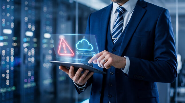 It professional using a transparent digital tablet to monitor cloud server health featuring glowing warning and cloud computing icons in a high tech data center, security