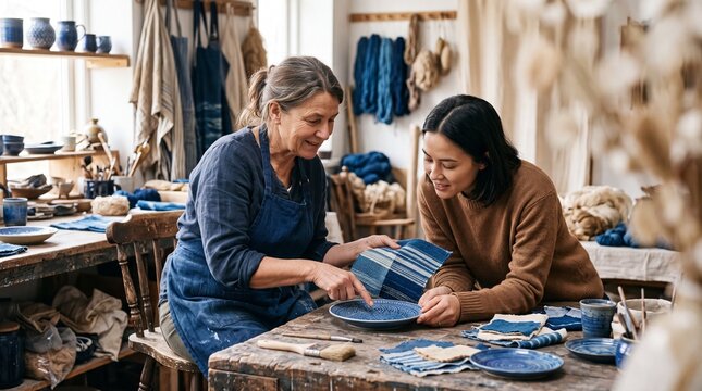 An experienced artisan instructor guides a young woman in a pottery studio, demonstrating the delicate art of crafting ceramic ware with focused attention and shared passion.