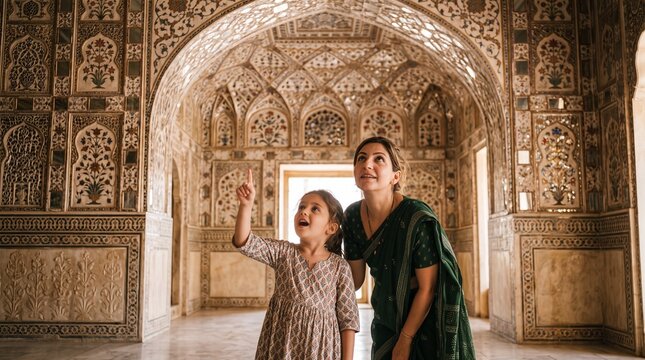 A mother and daughter explore the intricate architectural marvels of an ancient palace, their faces lit with wonder and curiosity.
