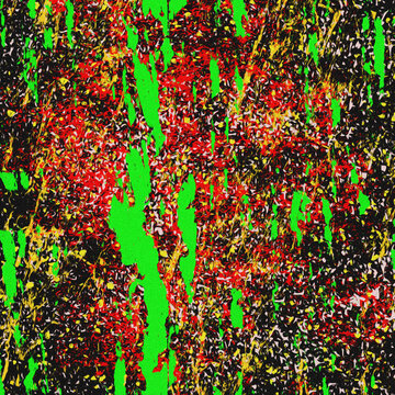 Abstract vibrant paint splatters creating dynamic textural patterns against a bright neon green backdrop surface