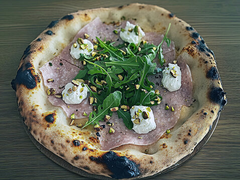 Delicious pizza with mortadella, stracciatella and arugula on wooden background