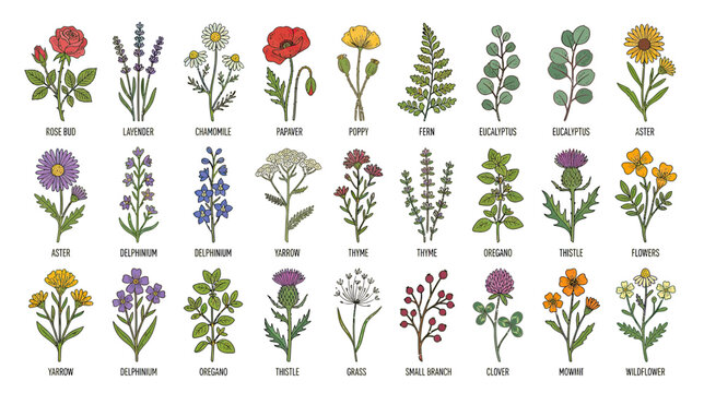 Botanical Illustration Collection of Various Flowers and Plants