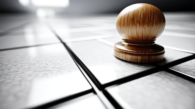 A wooden ball rests on a tiled floor.