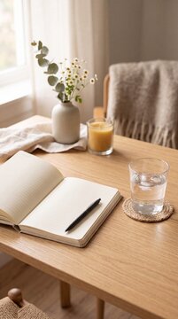 An open notebook with a pen rests on a wooden table next to a glass of water, a candle, and a vase of flowers, creating a serene and inviting atmosphere for reflection and creativity.