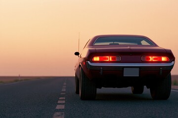 Fototapeta premium The Classic Muscle Car Backlit on an Empty Sunset Road