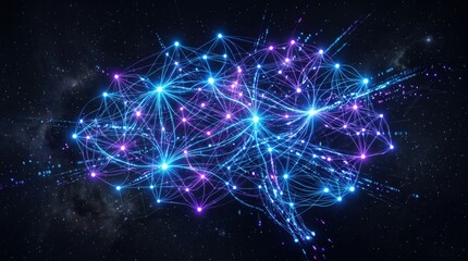 Fototapeta premium Futuristic artificial intelligence brain made of digital neural networks, glowing cybernetic mind with binary code streams representing machine learning and deep learning