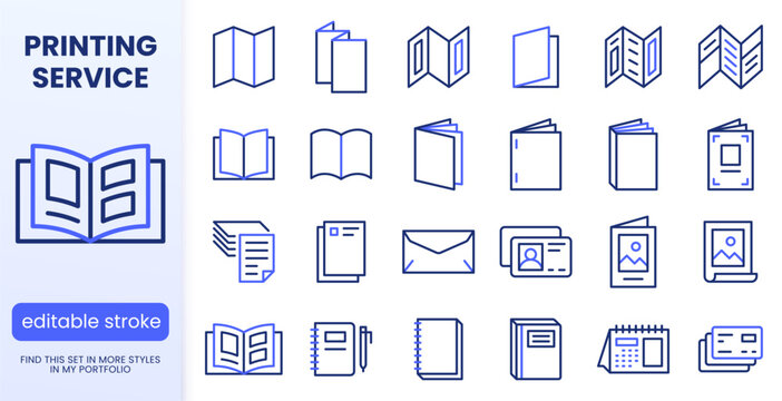 Book, print collateral line icons set. Brochure, catalog, flyer, envelope, letterhead flat minimal vector illustrations. Simple outline signs for publishing house. Blue duotone color. Editable Stroke.