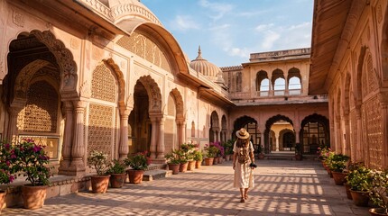 Naklejka premium A lone traveler wanders through the sun-drenched courtyard of an ancient Indian palace, its intricate arches and potted flora whispering tales of history and culture.