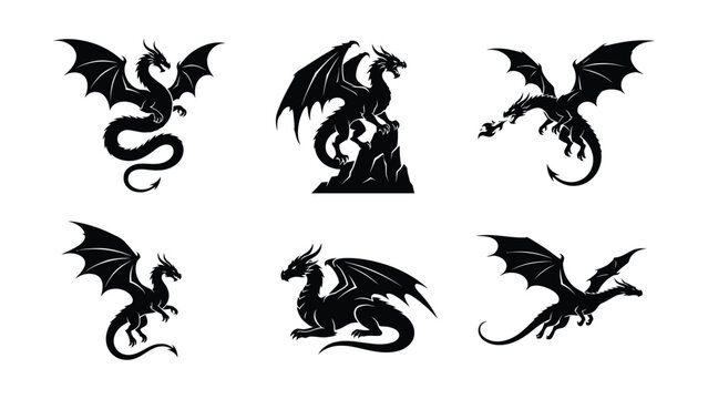 Six Different Stylized Black Dragon Illustrations With Transparent Background Available