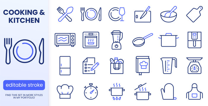 Kitchen, cooking line icons set. Air fryer, meal blender, oven, fridge, recipe cookbook, grocery delivery flat minimal vector illustrations. Simple outline signs. Blue duotone color. Editable Stroke.