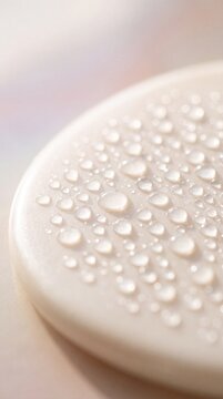 Close-up of numerous clear water droplets resting on a smooth, pale surface, creating a delicate, almost ethereal texture.