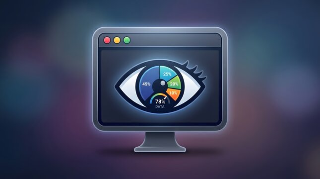 Computer monitor screen display icon showing data analytics chart visual eye shape digital dashboard interface concept graphic vector illustration for modern business.