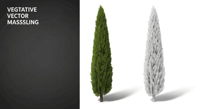 Green and grayscale cypress trees vector illustration on white background