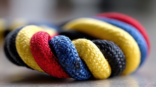 A colorful rope with red, yellow, blue, and black strands.