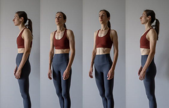 Woman in athletic wear demonstrating different body postures from various angles, highlighting the contrast between poor slouching and correct upright alignment for health and wellness