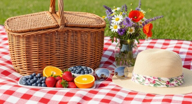 picnic basket with fruit and flowers on red tablecloth