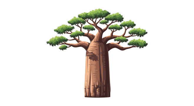 Illustrated baobab tree with lush green foliage isolated on white background