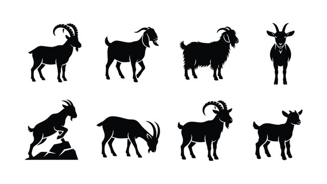 Various black silhouette goats with different horn styles and poses