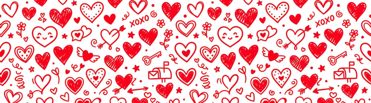 Hand Drawn Red Hearts Seamless Pattern on White Background