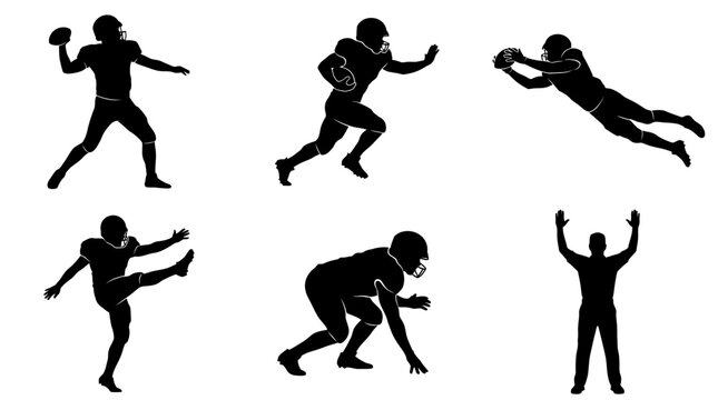 American football player silhouettes set, 6 black vector icons of athletes in action, professional football sports figures for team logos and posters
