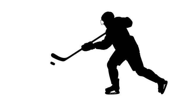 Ice hockey player silhouette, professional athlete shooting puck with stick vector, black sports figure isolated on white background