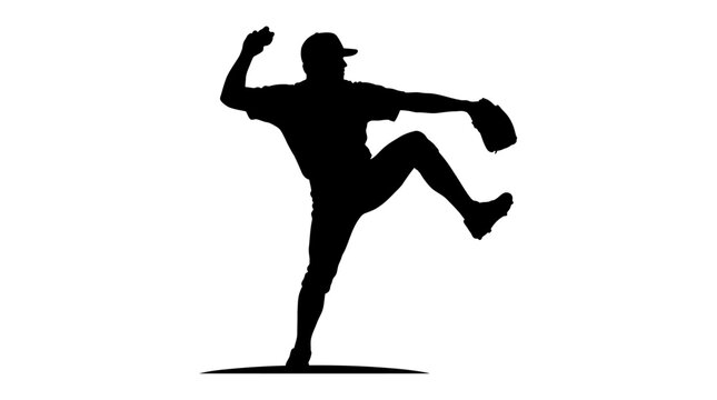 Baseball pitcher silhouette vector, professional athlete throwing ball in dynamic motion, black sport player icon isolated on white background