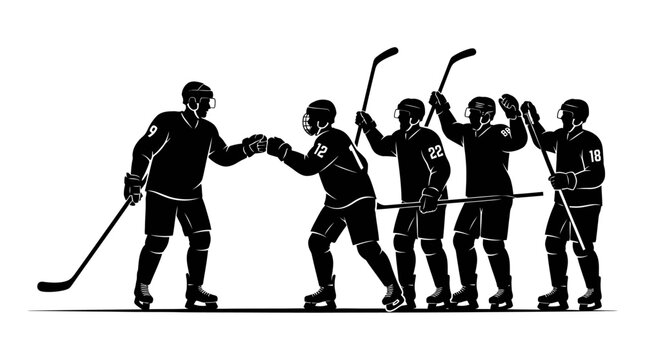 Ice hockey players silhouette vector, professional hockey team celebrating victory on rink, black and white sports athlete figures with sticks
